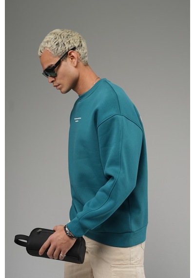 Nakış Detaylı Logolu Bisiklet Yaka Oversize Kalıp Sweatshirt Yeşil