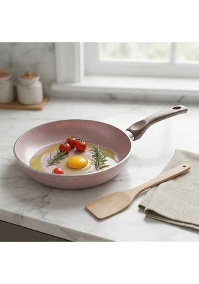 Buz 24 Cm Tava - Shadow Krem Kırçıl Granit Efektli Yanmaz Yapışmaz Günlük Kızartma Ve Omlet Tavası Açık Bakır