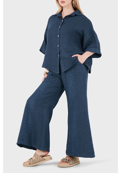 Via Dante % 100 Keten Relaxed Fit Brode İşlemeli Pantolon Bayan Pantolon 69912211 İndigo