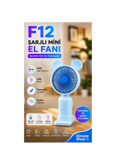 F12 Mini El Fanı Şarjlı Taşınabilir Usb El Vantilatörü Mavi - 886035522