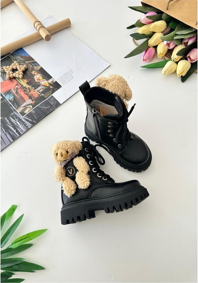 Miniğimin Cicileri Peluş Ayıcık Detaylı Premium Kız Çocuk Postal Bot - Siyah