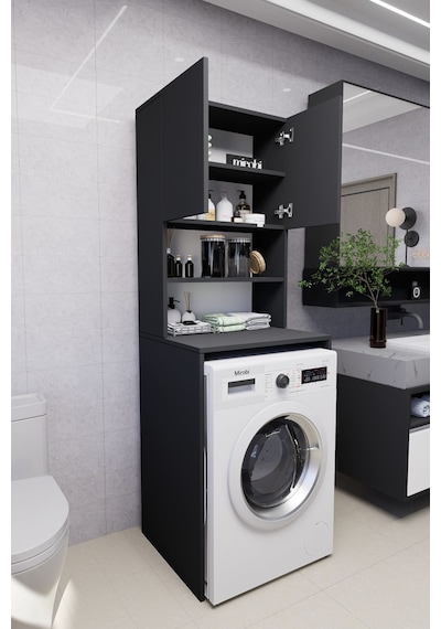 Verani Çamaşır Makinesi Dolabı Banyo Kiler Çift Kapaklı Arkal... Antrasit