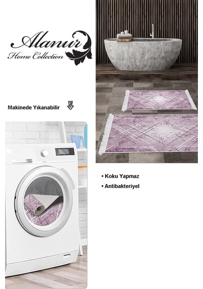 Dekoreko Kaymaz Taban Djt 2 Li Banyo Paspas Takımı Trend Saçaklı Modern M5003 Mor