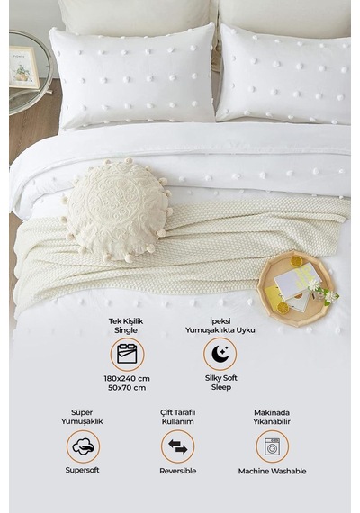 Evlen Home Pamuklu Emmy Yatak Örtüsü Seti Günlük Tek Kişilik Boho 2 Parça Dolgulu Tufting Beyaz Beyaz