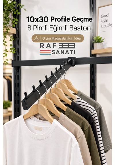 1 Adet - Eğik Baston - 10x30 Profile Geçme - Ab-1 Uyumlu Pimli Baston Askılık 35 Cm Mağaza Raf Askılık Aparatı Siyah