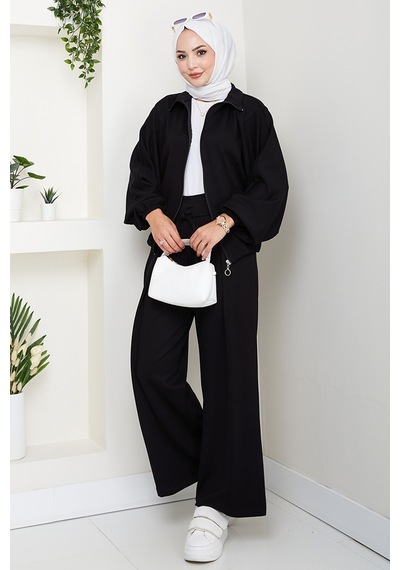 Bestenur Fermuarlı Oversize Takım 1595 - Siyah Siyah
