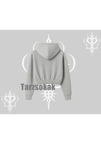 Startmore Kapşonlu Crop Sweatshirt Madness Unleashed Anime Girl Baskılı Gri