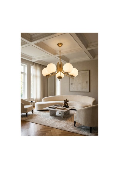Şenna 5'li Eskitme Renkte Beyaz Glob Camlı Modern Sarkıt Avize Oturma Odası Salon Eskitme Eskitme