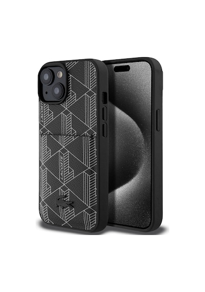 Apple Uyumlu iPhone 15 Kılıf Lacoste Lisanslı Magsafe Özellikli Pu Deri Görünüm Kartlıklı Monogram Desenli Siyah