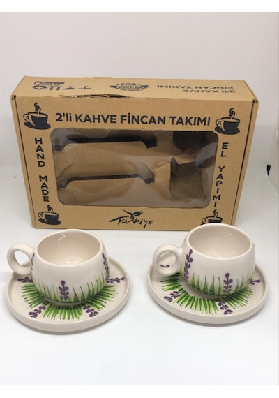 Mor Yeşil Desenli El Yapımı 2'li Seramik Kahve Fincan Takımı Çok Renkli