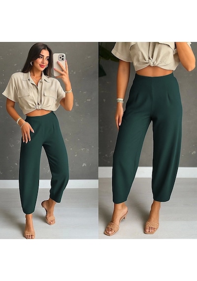 Defymoda Kadın Yüksek Bel Krep Pantolon Yeşil