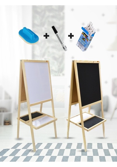Ahşap Ayaklı Çift Taraflı Sepetli Öğrenci Tipi 35x50 Yazı Tahtası Turkuaz