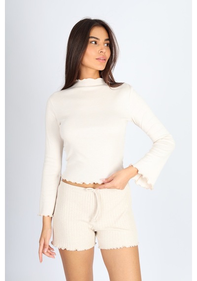 Soft&Basic Bej Balıkçı Yaka Baby Overlok Dikişli Bluz Bej