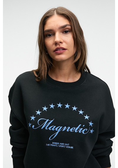Grımelange VISTARA Kadın Nakış Detaylı Yuvarlak Yaka Regular Fit Siyah Sweatshirt