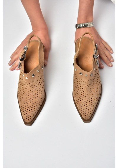 Fox Shoes Y654329102 Vizon Hakiki Deri Süet Zımba Detaylı Western Topuklu Ayakkabı