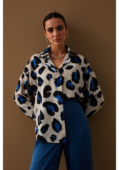 Sateen Renkli Leopar Desenli Salaş Gömlek - Sax Mavi Saks