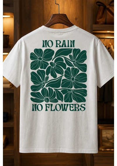 Spoyi Yeşil Yağmur Çiçekleri Tasarımlı %100 Pamuk Yarım Oversize Beyaz T-shirt