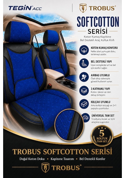 Renault Kangoo Combi 2008-2021 Uyumlu Softcotton Serisi Mavi - Siyah Oto Koltuk Kılıfı