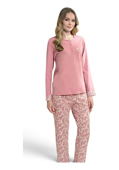 Feyza Pijadore Kadın Önü Düğmeli Uzun Kollu Mevsimlik Pijama Takımı 2216 Pembe