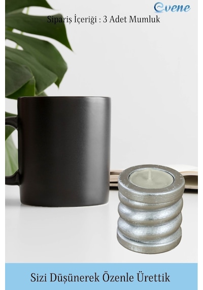 Eskitme Mumluk Şamdan 3 Adet Tealight Ve İnce Mum Uyumlu Spiral Model - Gümüş