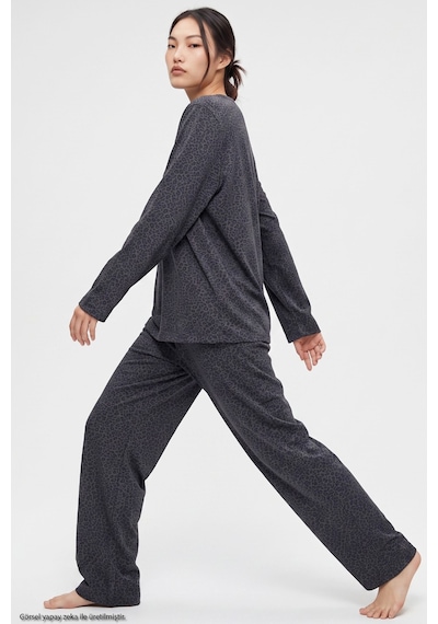 Siyah İnci Leopar Baskılı Örme Pijama Takım 8078 Antrasit Leopar
