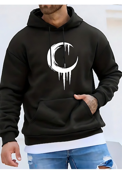 Hilal Tasarım 2 İplik Kalın Kışlık Sweatshirt - Siyah Baskılı Oversize Kapüşonlu Hoodie Siyah