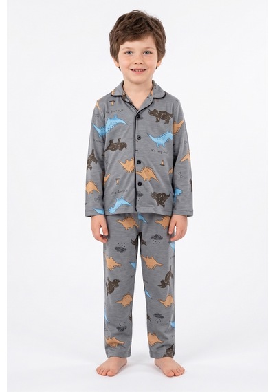 Fullamoda Dinozor Desenli Düğmeli Erkek Çocuk 2 Li Pijama Takımı Füme