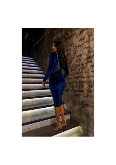 DefyModa Kadın Özgün Tasarım Kadife Kumaş Bisiklet Yaka Vatkalı Midi Abiye Elbise Saks