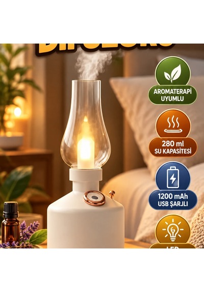 Gaz Lambası Tasarımlı Aromaterapi Difüzörü 280 Ml, 1200 Mah Usb Şarjlı, Led Aydınlatmalı