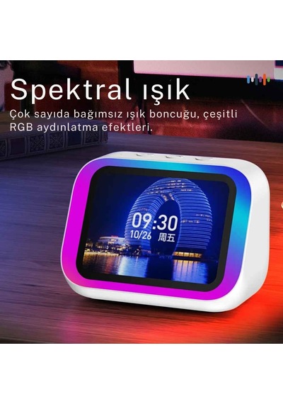 Techtic Rgb Işıklı Akıllı Masa Saati Bluetooth Hoparlör Led Ekran Alarm Serbest Görüşme Akıllı Saat Beyaz