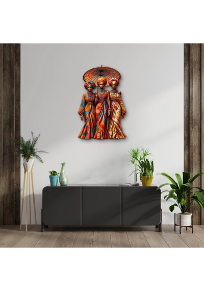 Şemsiye Altında Üç Afrikalı Kadın - Metal Tablo - Dec0272 62 X 95 Cm Çok Renkli