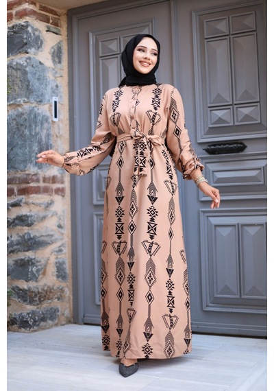 Hira Life Fashion Kadın Tesettür Geometrik Desen Önü Düğmeli Ve Bel Kuşaklı Viskon Elbise Vizon Vizon Hira Life Fashion Kadın Tesettür Geometrik Desen Önü Düğmeli Ve Bel Kuşaklı Viskon Elbise Vizon Vizon