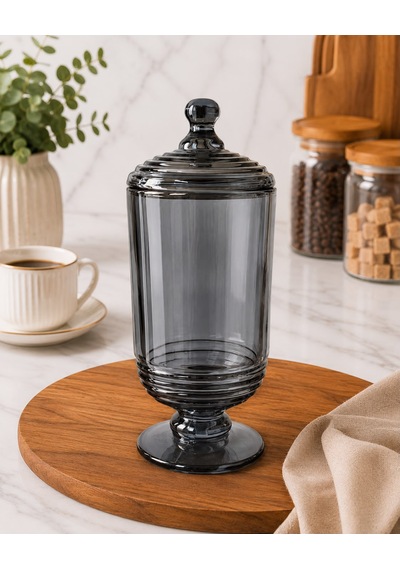 Chacha Home Halkalı Cam Kapaklı Ayaklı Drajellik & Şekerlik 780 Ml - 24 Cm Füme