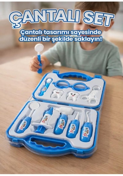 Dişçi Minikler - Mavi Çantalı 10 Parça Alet Ve Ekipmanlı 2 Tane Büyük Dişli Eğitici Oyuncak Seti 1