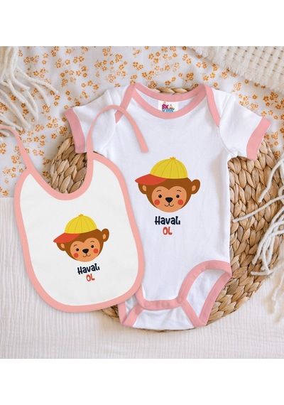Bk Kids Havalı Ol Tasarımlı Pembe Bebek Body Zıbın Ve Mama Önlüğü Çok Renkli