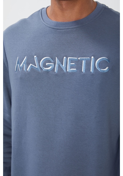 Tommy Life Petrol Yazı Nakışlı O Yaka Rahat Form İçi Polarlı Erkek Sweatshirt - 88020 PETROL