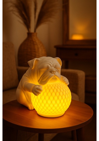 Bulldog Tasarımlı 3d Dekoratif Masa Lambası, Estetik Çocuk Odası Gece Lambası, Tealight 25 X 25 Cm Beyaz