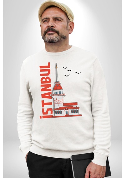 İstanbul Kız Kulesi Türkiye Unisex Beyaz Sweatshirt Beyaz