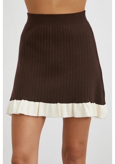 Never More Düğmeli Eteği Fırfırlı Etekli Triko Takım Kahve Kahve