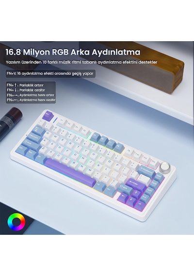 Aula F75 Mekanik Rgb Tkl Star Vector Switch Kablosuz Makrolu Hot Swap Klavye Mor