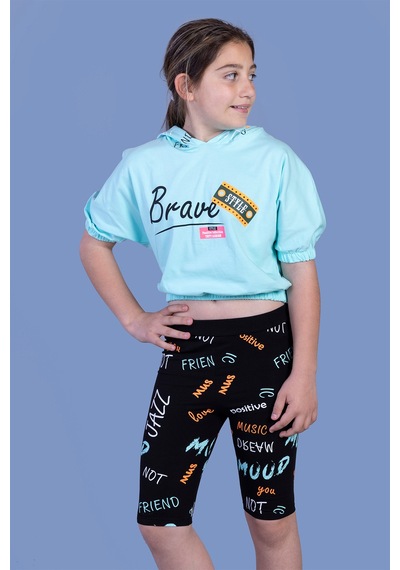 Toontoy Kids Toontoy Kız Çocuk 2'li Takım Baskılı Kapüşonlu Kısa Kollu Crop Sweatshirt & Basic Düz Crop Tayt Su Yeşili Toontoy Kids Toontoy Kız Çocuk 2'li Takım Baskılı Kapüşonlu Kısa Kollu Crop Sweatshirt & Basic Düz Crop Tayt Su Yeşili