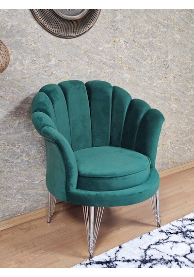 Zafir Tekli İstiridye Krom Kaplama Telli Ayak Çay Seti Koltuk Tekli Berjer , Balkon, Salon, Ofis Yeşil
