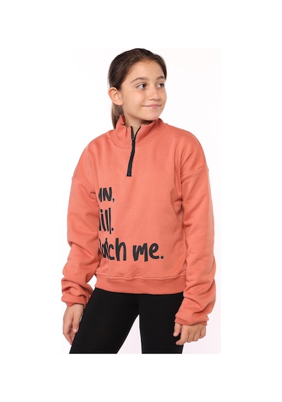 Toontoy Kız Çocuk Dik Yaka Fermuarlı Baskılı Sweatshirt Kiremit