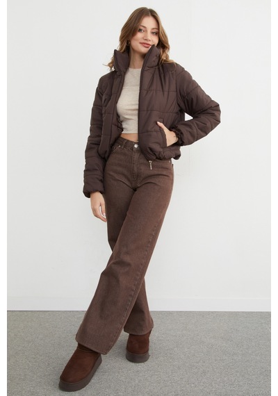 Fullamoda Beli Lastikli Crop Şişme Mont Kahve