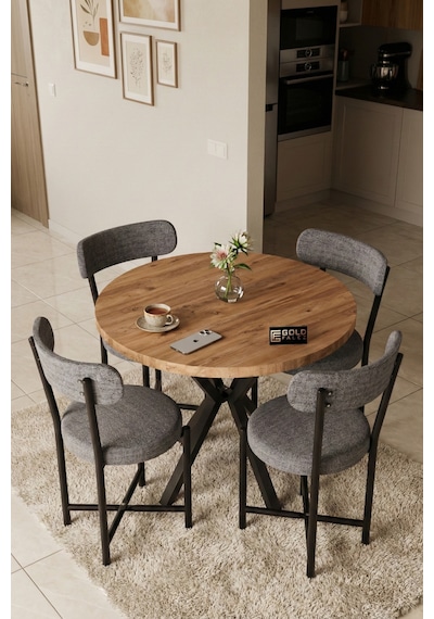 Mutfak Masası 4 Sandalyeli Set 90 Çap Yuvarlak Cafe Balkon Ofis Masa Yemek Takımı Teddy 9861 Antrast Gri