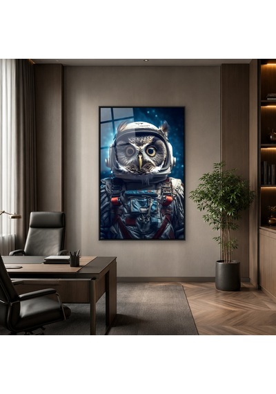 Astronot Kasklı Baykuş Siyah Çerçeveli Cam Tablo