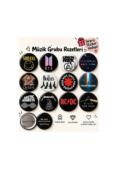 12 Li Müzik Grubu Rozet Seti 44 Mm Metallica, Nirvana, Ac/dc, Queen, Linkin Park Temalı İğneli Rozet Diğer