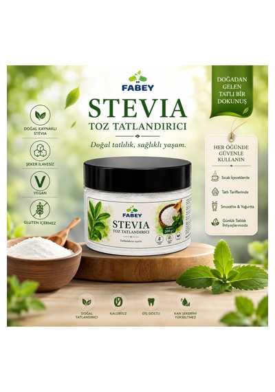 Esfabey Stevia Toz Tatlandırıcı 200 G Şekersiz Doğal Tatlandırıcı, Vegan Ve Glutensiz Tekli