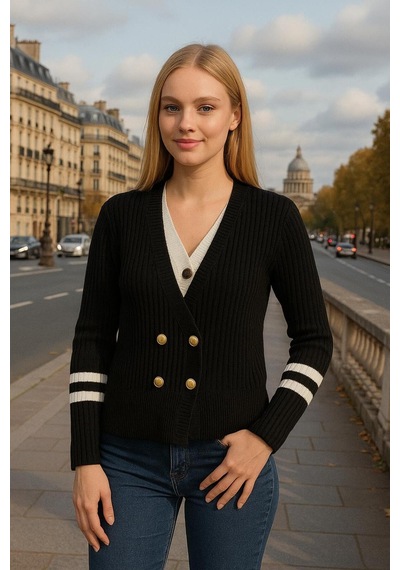 Hira Life Fashion Kadın Gold Düğmeli V Yaka Fitili Kolu Şerit Detaylı Kazak-hırka Siyah Siyah Hira Life Fashion Kadın Gold Düğmeli V Yaka Fitili Kolu Şerit Detaylı Kazak-hırka Siyah Siyah