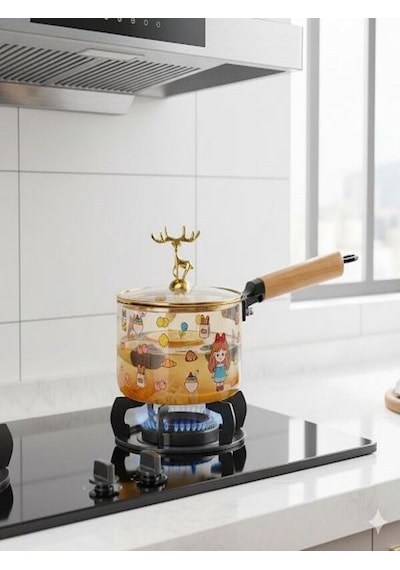 Qerhome Borosilikat Cam Amber Geyik Kapaklı Sos Tenceresi - Yumurta Tenceresi 1500 Ml Amber